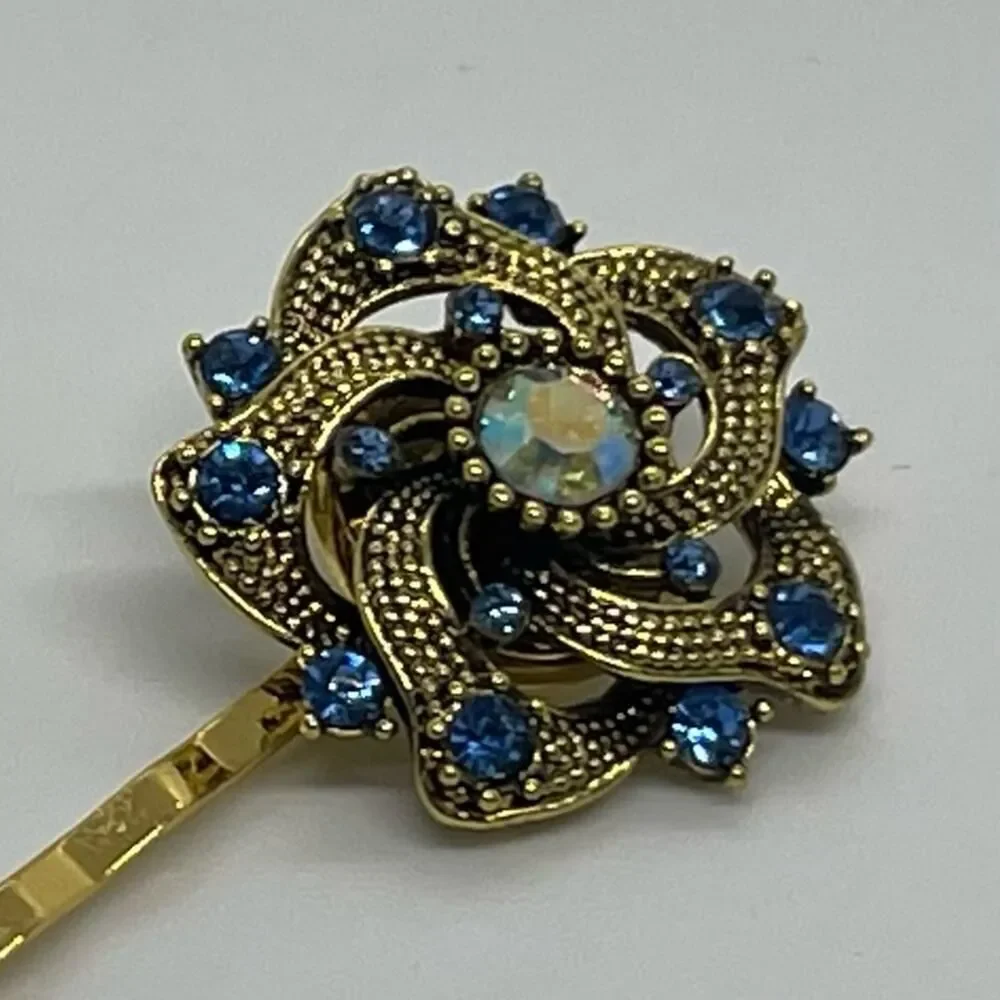Handmade Blue Rhinestone Gold Set Hair Clips Whimsical HoCo Fairy Jewelry NWT
